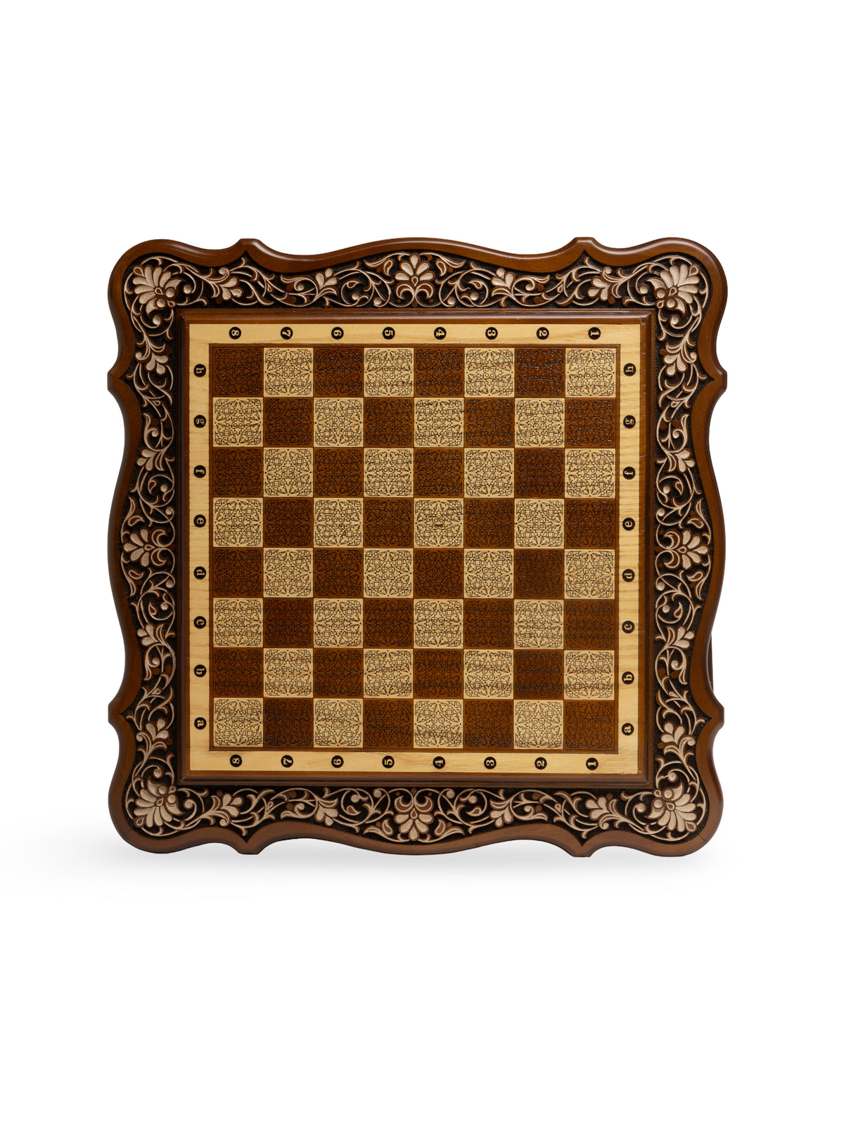 Hand-Carved Walnut Wooden Chess Set with Floral Relief Border