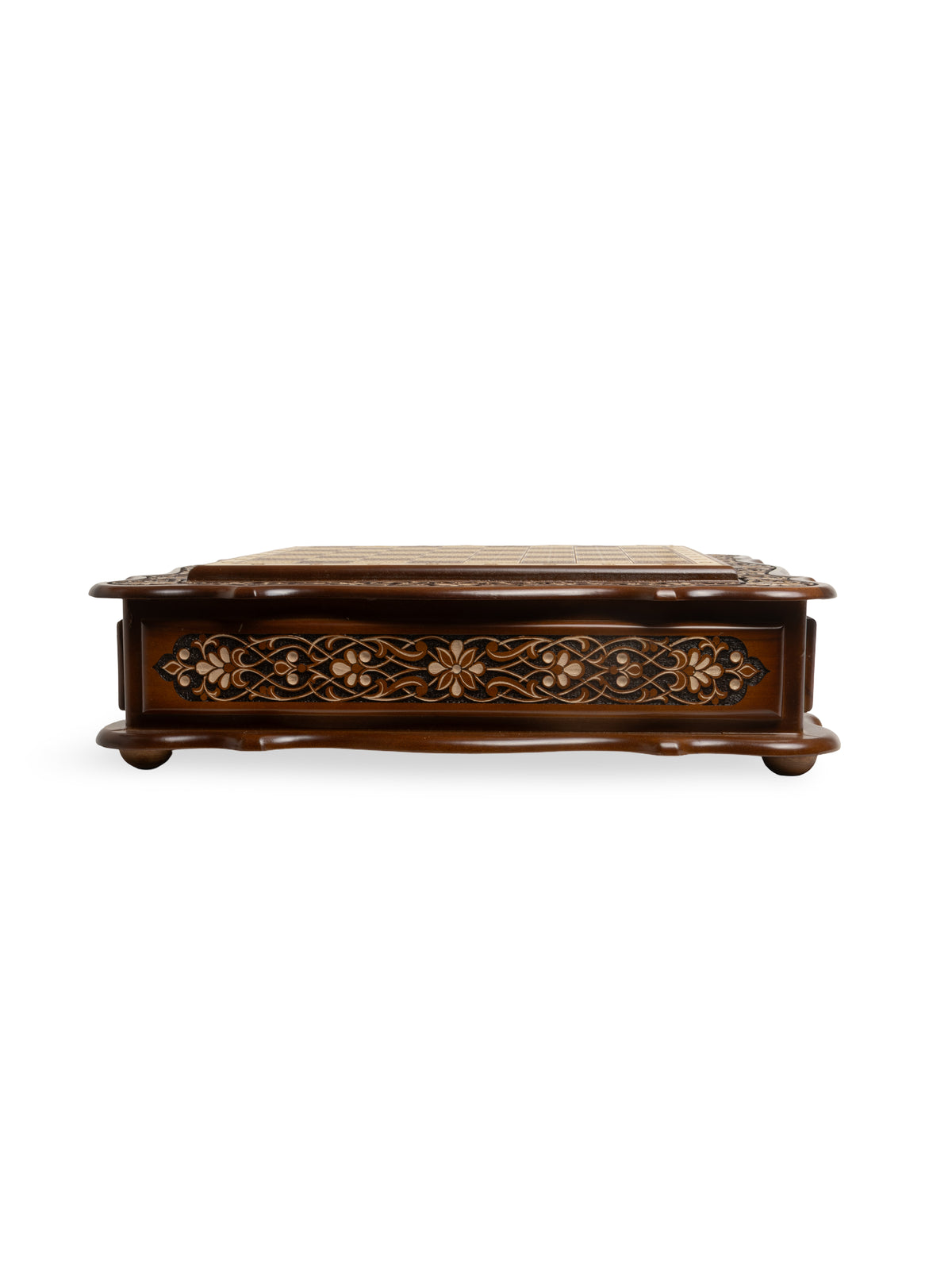 Hand-Carved Walnut Wooden Chess Set with Floral Relief Border
