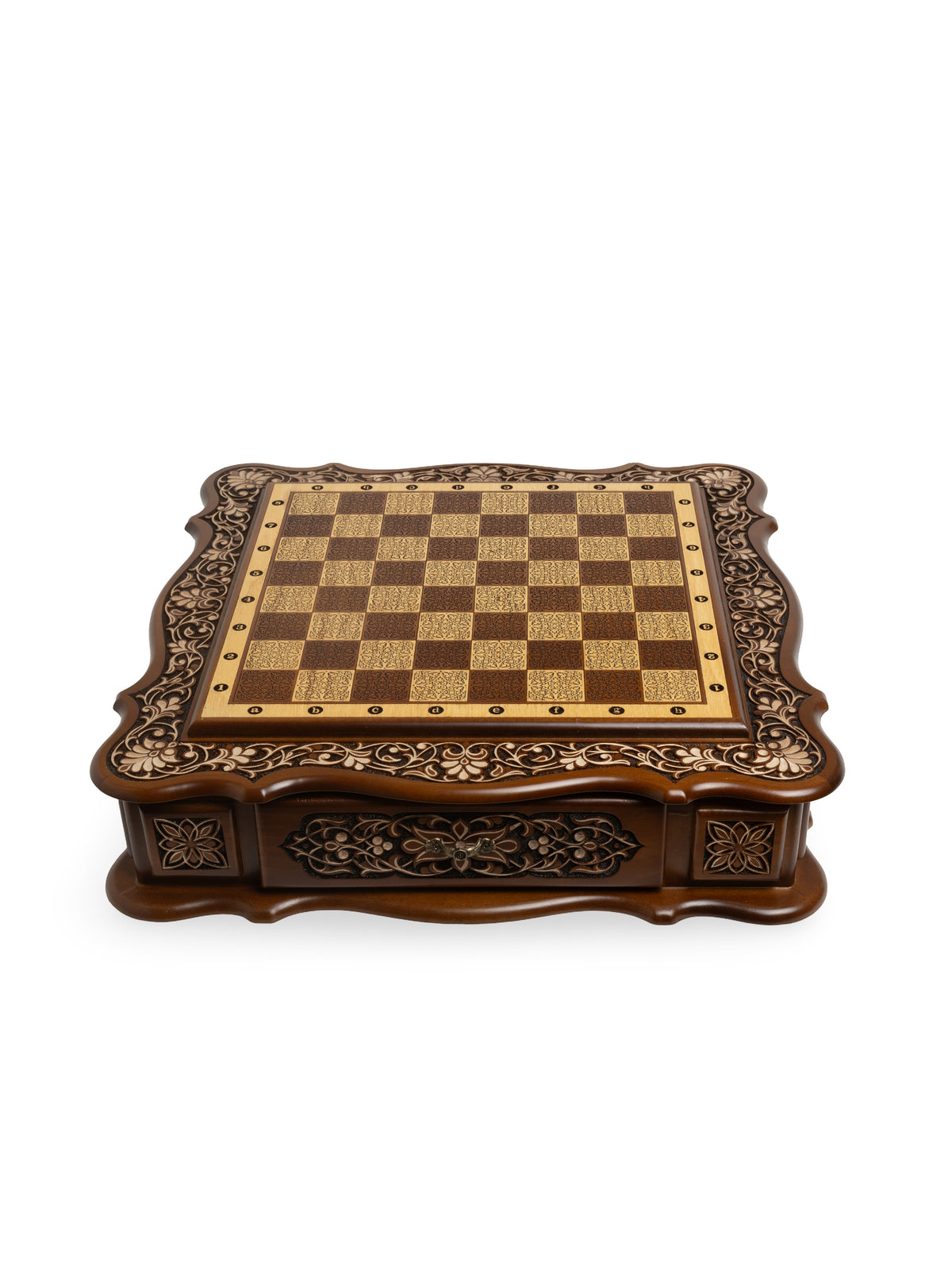 Hand-Carved Walnut Wooden Chess Set with Floral Relief Border