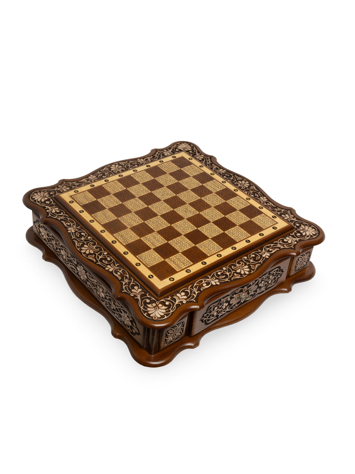 Hand-Carved Walnut Wooden Chess Set with Floral Relief Border