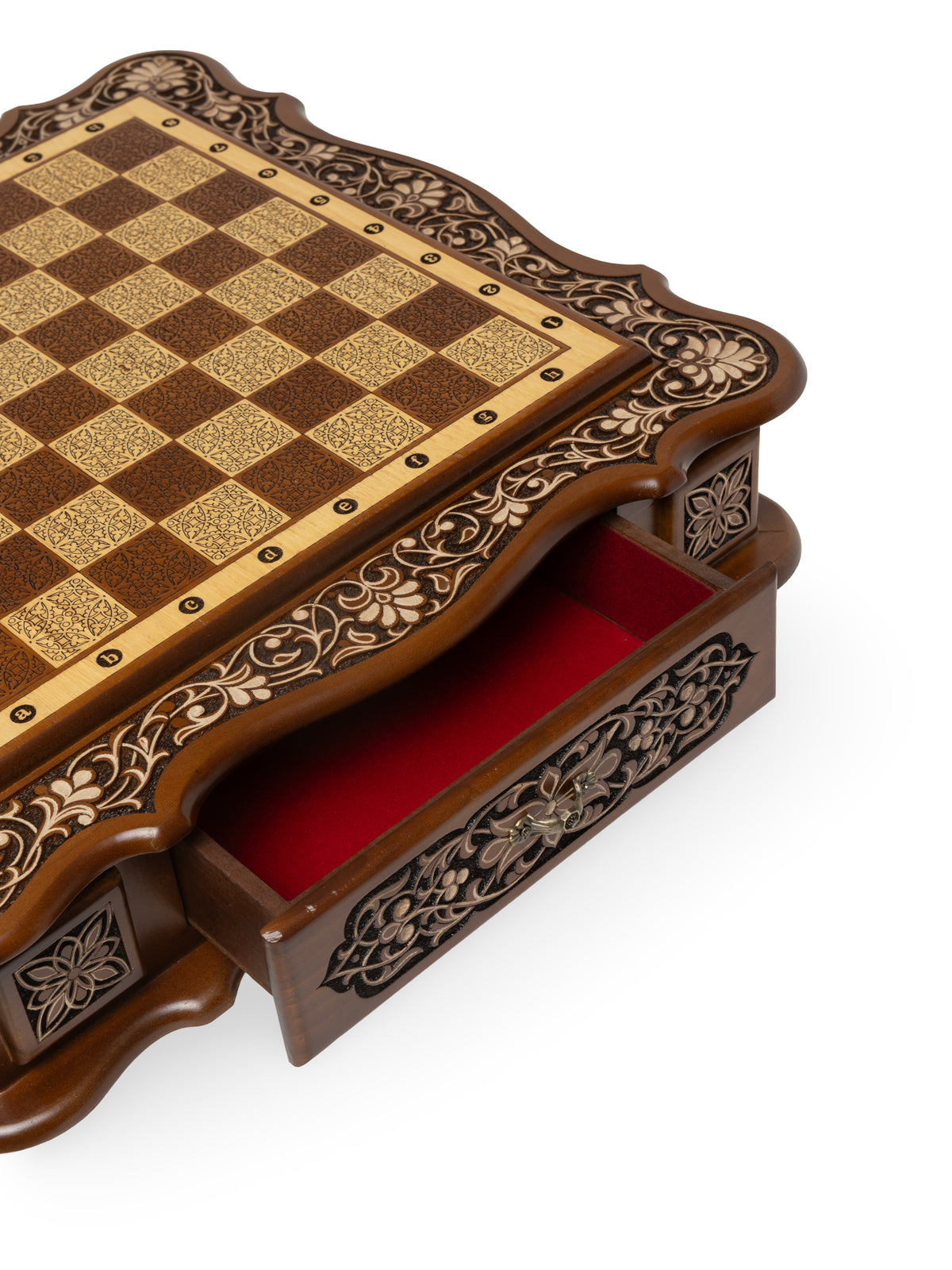 Hand-Carved Walnut Wooden Chess Set with Floral Relief Border